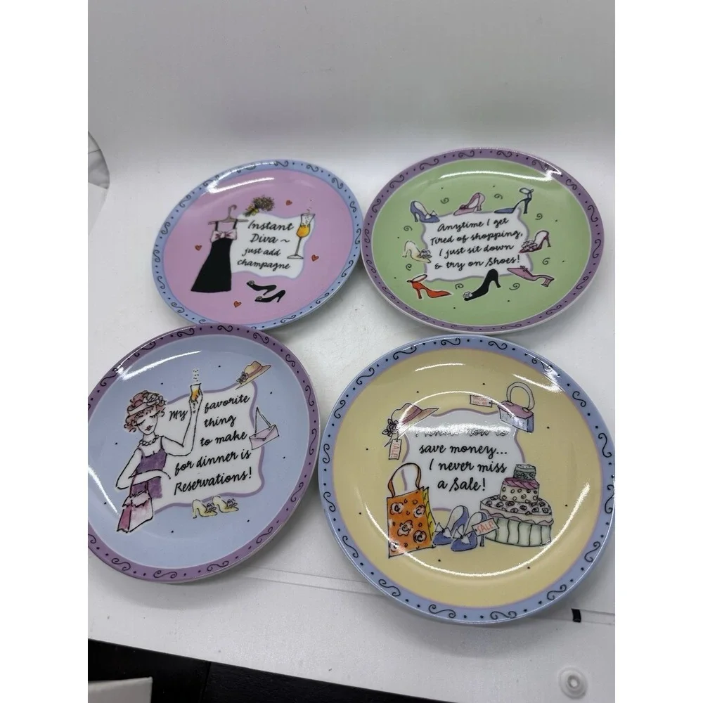 Santa Barbara Ceramic Canape‎ Plates Set 4 Diva Quotes Jill Seale Porcelain New